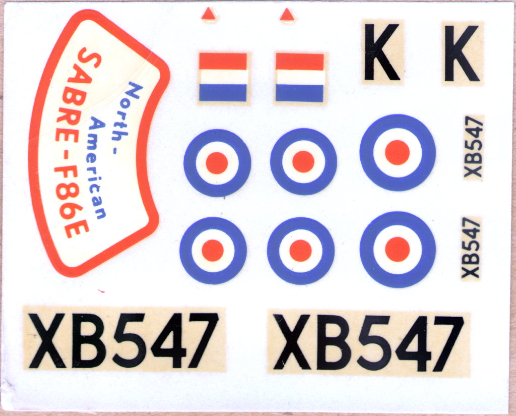 FROG Red Series F321 North American Sabre F-86E Swept Wing Jet Fighter, IMA, 1965, decal sheet